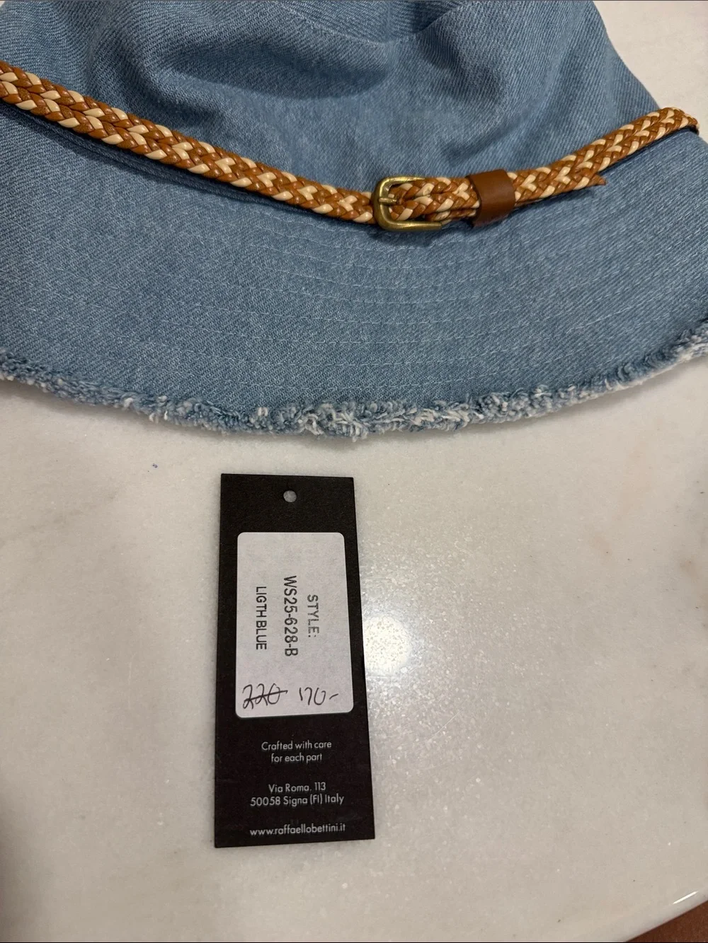 Light Blue Denim Bucket Hat with Braided Tan Leather Band